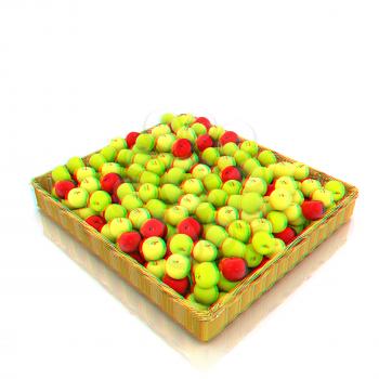 Wicker basket full of apples isolated on white. 3D illustration. Anaglyph. View with red/cyan glasses to see in 3D.