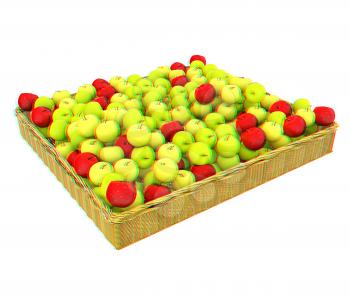 Wicker basket full of apples isolated on white. 3D illustration. Anaglyph. View with red/cyan glasses to see in 3D.
