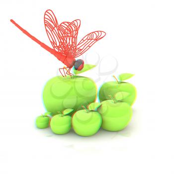 Dragonfly on apple. Natural eating concept. 3D illustration. Anaglyph. View with red/cyan glasses to see in 3D.