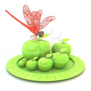 Dragonfly on apple on Serving dome or Cloche. Natural eating concept. 3D illustration. Anaglyph. View with red/cyan glasses to see in 3D.