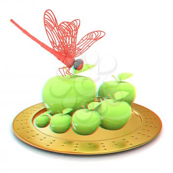 Dragonfly on apple on Serving dome or Cloche. Natural eating concept. 3D illustration. Anaglyph. View with red/cyan glasses to see in 3D.