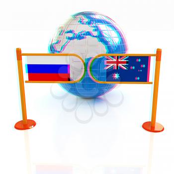 Three-dimensional image of the turnstile and flags of Russia and Australia on a white background . 3D illustration. Anaglyph. View with red/cyan glasses to see in 3D.