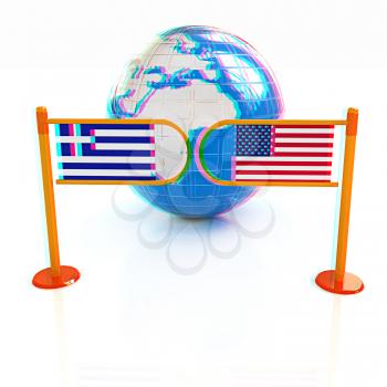 Three-dimensional image of the turnstile and flags of USA and Greece on a white background . 3D illustration. Anaglyph. View with red/cyan glasses to see in 3D.
