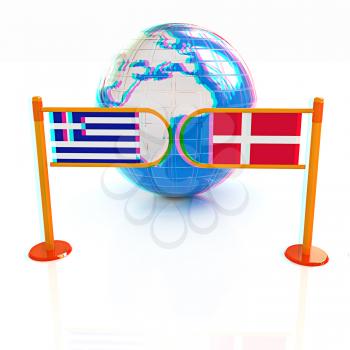 Three-dimensional image of the turnstile and flags of Denmark and Greece on a white background . 3D illustration. Anaglyph. View with red/cyan glasses to see in 3D.
