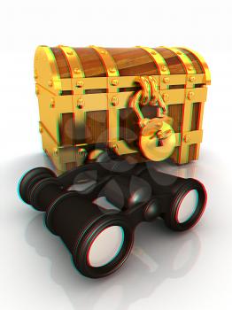 binoculars and chest. 3D illustration. Anaglyph. View with red/cyan glasses to see in 3D.