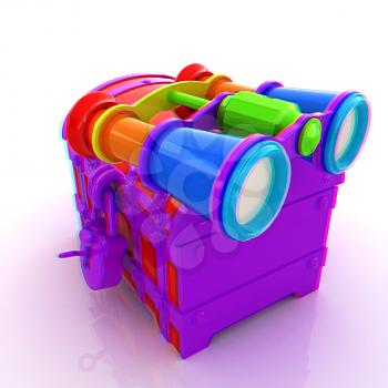 binoculars and chest. 3D illustration. Anaglyph. View with red/cyan glasses to see in 3D.