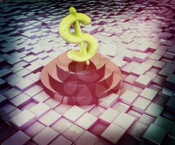 icon dollar sign on podium against abstract urban background. 3D illustration. Vintage style.