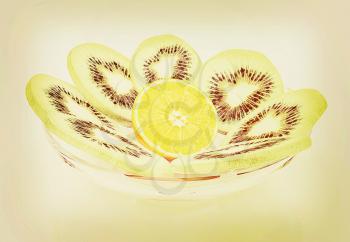 slices of kiwi and orange on a white background. 3D illustration. Vintage style.
