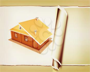 background from wooden travel house or a hotel with torn paper . 3D illustration. Vintage style.