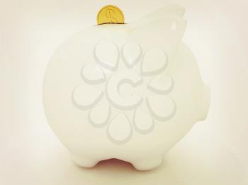 glass piggy bank and falling coins on white background. 3D illustration. Vintage style.
