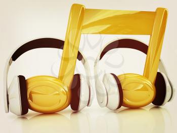 headphones and 3d note on a white background. 3D illustration. Vintage style.
