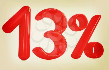 3d red 13 - thirteen percent on a white background. 3D illustration. Vintage style.