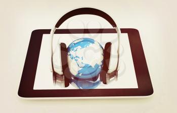 phone and headphones.Global on a white background. 3D illustration. Vintage style.