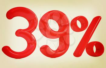 3d red 39 - thirty nine percent on a white background. 3D illustration. Vintage style.