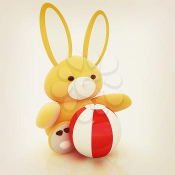 soft toy hare and colorful aquatic ball on a white background. 3D illustration. Vintage style.