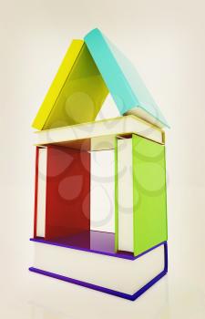 house from colorful real books on a white background. 3D illustration. Vintage style.