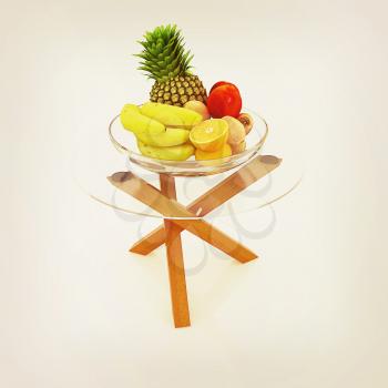Citrus in a glass dish on exotic glass table with wooden legs on a white background. 3D illustration. Vintage style.