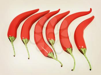 red hot chili peppers on a white background. 3D illustration. Vintage style.