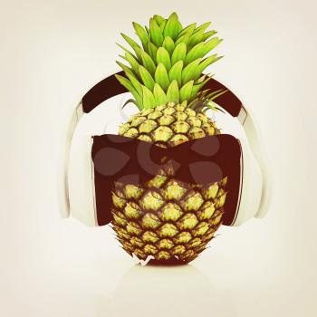 Pineapple with sun glass and headphones front face on a white background. 3D illustration. Vintage style.