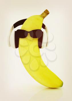 banana with sun glass and headphones front face on a white background. 3D illustration. Vintage style.