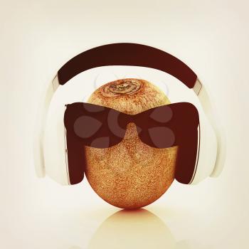 kiwi with sun glass and headphones front face on a white background. 3D illustration. Vintage style.