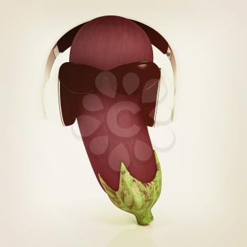 eggplant  with sun glass and headphones front face on a white background. 3D illustration. Vintage style.