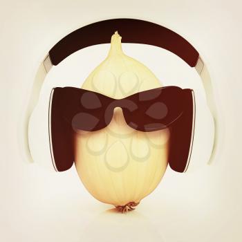 Ripe onion with sun glass and headphones front face on a white background. 3D illustration. Vintage style.