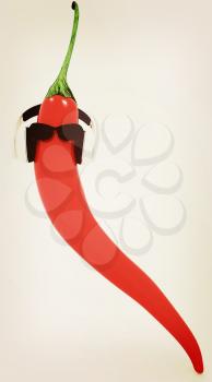 chili pepper with sun glass and headphones front face on a white background. 3D illustration. Vintage style.