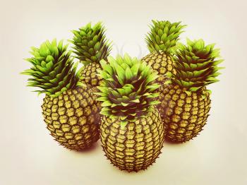 pineapples on a white background. 3D illustration. Vintage style.