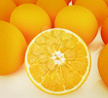 half oranges and oranges on a white background. 3D illustration. Vintage style.