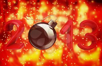 Year 2013 with bomb burning a festive background. 3D illustration. Vintage style.