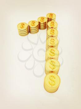 the number one of gold coins with dollar sign on a white background. 3D illustration. Vintage style.