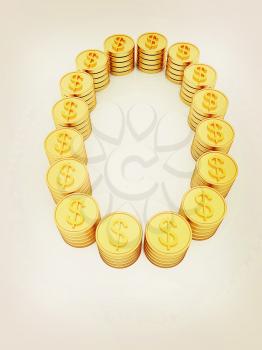 the number zero of gold coins with dollar sign on a white background. 3D illustration. Vintage style.