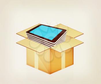 tablet pc in cardboard box on a white background. 3D illustration. Vintage style.