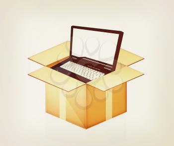 Laptop in cardboard box on a white background. 3D illustration. Vintage style.