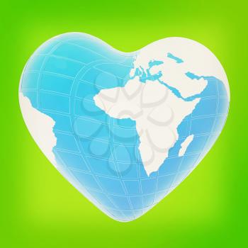 3d earth to heart symbol on a green background. 3D illustration. Vintage style.