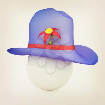 Blue hat on a blue hat with fantastic flower on white background. 3d. 3D illustration. Vintage style.