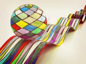 Mosaic ball on a colorful waves on a white background. 3D illustration. Vintage style.