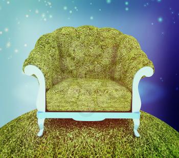 Herbal armchair against the background the starry sky. 3D illustration. Vintage style.