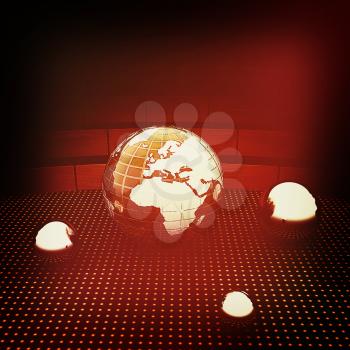 Earth and ball on light path to infinity. 3d render . 3D illustration. Vintage style.