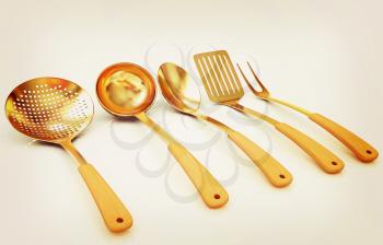 Gold cutlery on a white background . 3D illustration. Vintage style.
