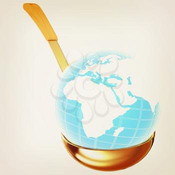 Blue earth on gold soup ladle on a white background. 3D illustration. Vintage style.