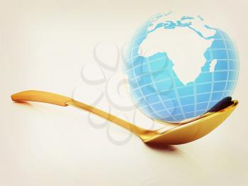 Blue earth on gold spoon on a white background. 3D illustration. Vintage style.