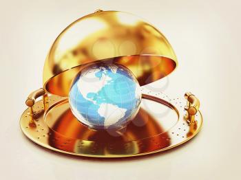 Earth globe on glossy golden salver dish under a golden cover on a white background. 3D illustration. Vintage style.
