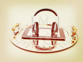 Phone and headphones on metal tray on a white background. 3D illustration. Vintage style.