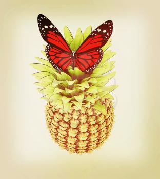 Red butterflys on a pineapple on a white background . 3D illustration. Vintage style.