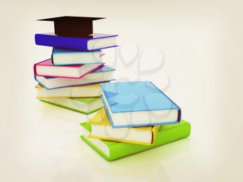 Graduation hat with books on a white background. 3D illustration. Vintage style.