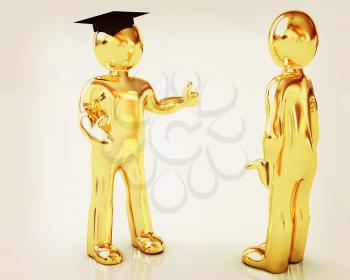 Golden 3D mans in a grad hat and a man on a white background . 3D illustration. Vintage style.