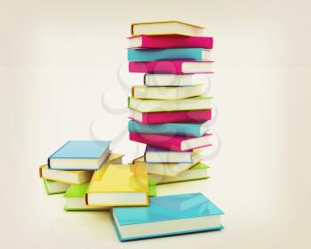 Colorful real books on white background . 3D illustration. Vintage style.