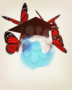 Global Education with red butterflies isolated on white background . 3D illustration. Vintage style.